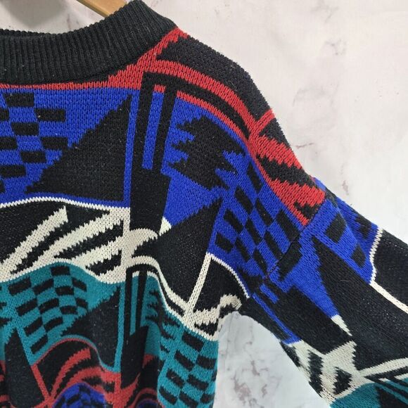 Vintage Sweater Men Medium Black Red Blue Acrylic 90s Raglan Ikat Geometric - Picture 10 of 11